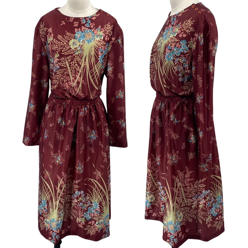 Vintage 70s Floral Print Matching Skirt Set Button Neck Tunic Midi Maroon Small